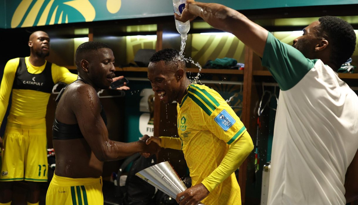 Thapelo Maseko having water spilled after South Korea match
