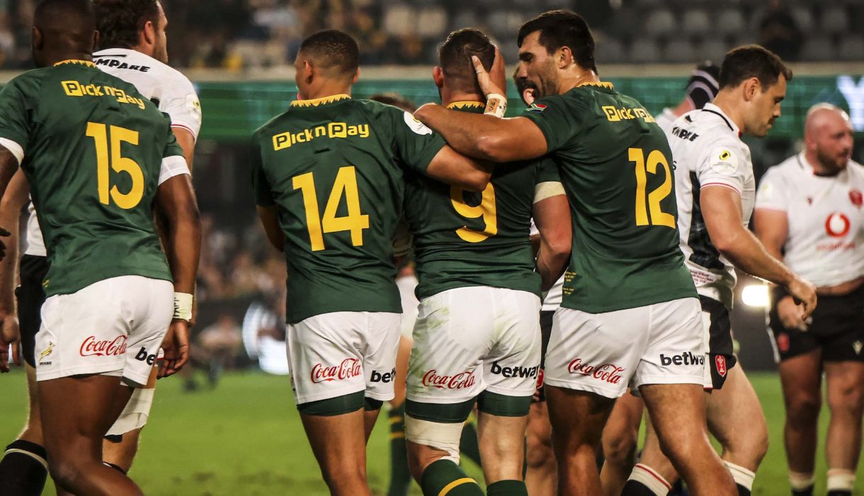 Aphelele Fassi, Jaco Williams, Cobus Reinach, and Damian de Allende against Wales