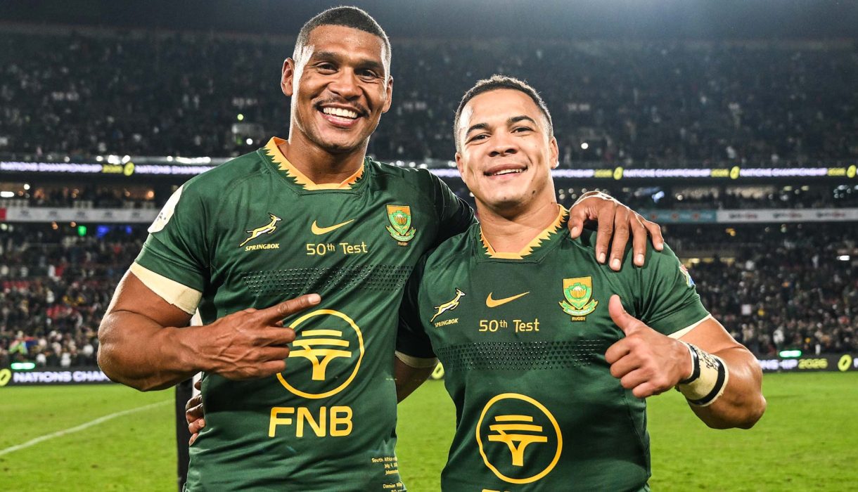 Damian Willemse and Cheslin Kolbe on their 50th caps against England