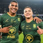 Damian Willemse and Cheslin Kolbe on their 50th caps against England